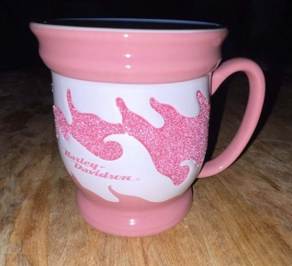 Harley-Davidson 12oz Pink and White Ceramic Footed Mug with Glitter Flames